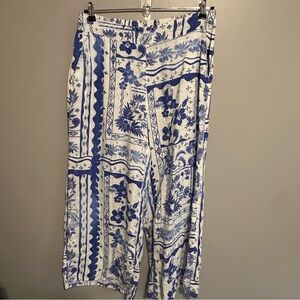 Joie Linen Blue Floral Wide Leg Pull On Palazzo Pants Boho Artsy XL